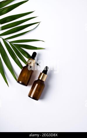 Due bottiglie di siero, olio cosmetico su sfondo bianco con foglia di palma, posa piatta, immagine verticale, spazio di copia Foto Stock