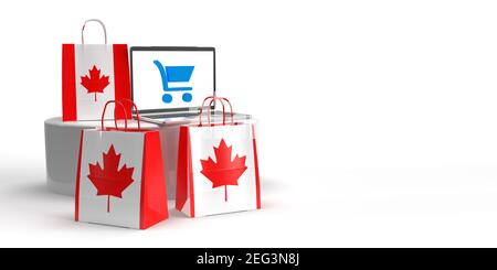 Global eCommerce, online trade and consumate Concept: Tre borse in 3D con bandiera canadese in piedi intorno a un podio con un laptop con borsa per la spesa Foto Stock