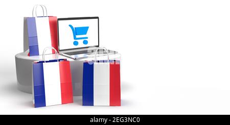 Global eCommerce, online trade and consumate Concept: Tre borse in 3D con bandiera francese in piedi intorno a un podio con un laptop con borsa per la spesa Foto Stock