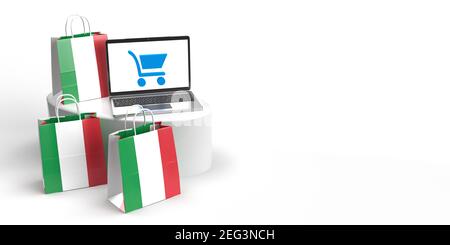 Global eCommerce, online trade and consumate Concept: Tre borse in 3D con bandiera italiana in piedi intorno a un podio con un laptop con borsa per la spesa Foto Stock