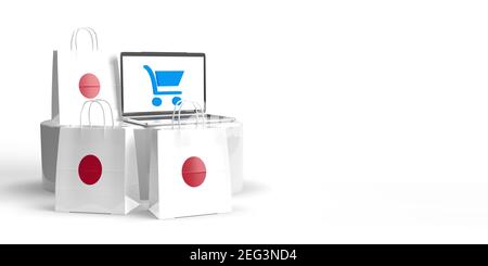 Global eCommerce, online trade and consumate Concept: Tre borse in 3D con bandiera giapponese in piedi intorno a un podio con un laptop con borsa per la spesa Foto Stock