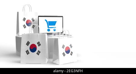 Global eCommerce, online trade and consumate Concept: Tre borse in 3D con bandiera coreana in piedi intorno a un podio con un laptop con borsa per la spesa Foto Stock
