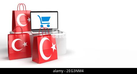 Global eCommerce, online trade and consumate Concept: Tre borse in 3D con bandiera turca in piedi intorno a un podio con un laptop con borsa per la spesa Foto Stock