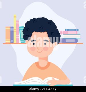 uomo di cartone animato che legge un libro sugli scaffali con libri e sfondo grigio, disegno colorato, illustrazione vettoriale Illustrazione Vettoriale