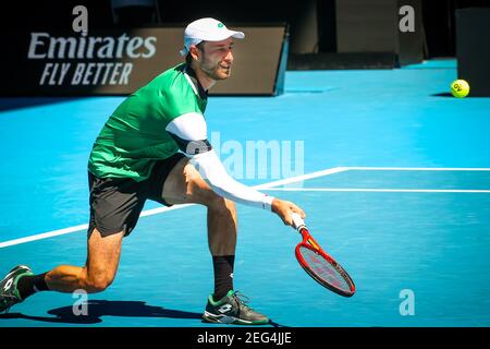 Sander Gille in azione durante una partita di tennis tra la coppia USA-Belga carter-Gille e la coppia australiana Ebden-Stosur, nei quarti di finale di t. Foto Stock