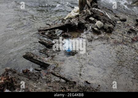 Bottiglia di plastica su un ruscello di montagna durante una fredda e soleggiata giornata invernale nei Monti Carpazi rumeni. Foto Stock