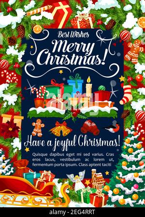 Buon Natale auguri auguri biglietto di auguri di Santa regali e decorazioni di Capodanno su albero di Natale. Candela vettoriale, biscotto di pan di zenzero e oro Illustrazione Vettoriale