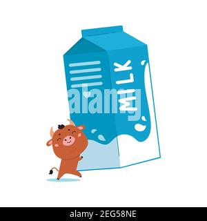 Illustrazione della mucca da fattoria con il pacco di latte. Illustrazione Vettoriale