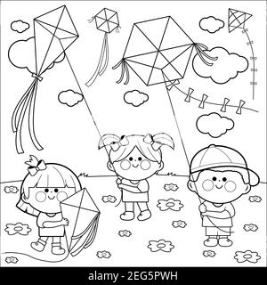 Bambini in un prato che giocano con gli aquiloni nel cielo. Ragazzi e ragazze che volano aquiloni al parco. Giochi all'aperto per bambini. Pagina da colorare in bianco e nero. Foto Stock
