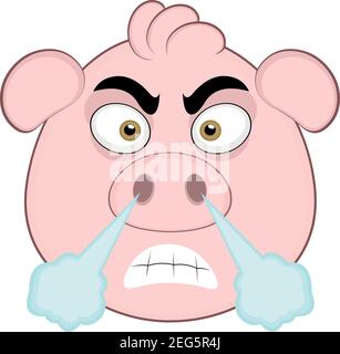 Vettore emoticon illustrazione cartoon della testa di un maiale con espressione arrabbiata che esce dal fumo del naso Illustrazione Vettoriale