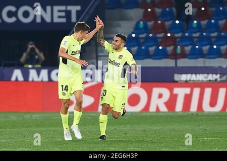 Valencia, Spagna. Febbraio 17 2021: Atletico de Madrid i giocatori festeggiano l'obiettivo di Marcos Llorente durante il campionato spagnolo la Liga tra Levante e Atletico de Madrid il 17 febbraio 2021 all'Estadio Ciutat de Valencia a Valencia, Spagna - Foto Maria Jose Segovia/Spagna DPPI/DPPI/LiveMedia/Sipa USA Credit: Sipa USA/Alamy Live News Foto Stock