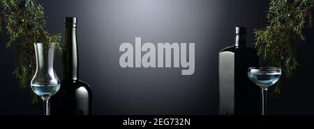 Gin in piccoli bicchieri. Sullo sfondo rami di ginepro con bacche e bottiglie di vetro scuro antico. Spazio di copia. Foto Stock