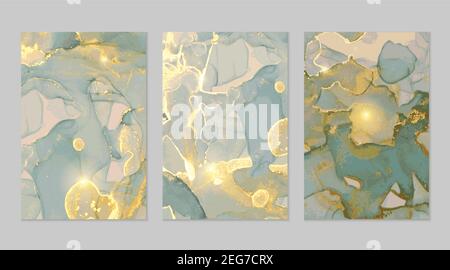 Sfondi astratti in marmo oro e teal. Set di materiali in pietra vettoriali con tecnica a inchiostro alcolico. Vernice moderna in colori naturali con glitter. Modello f Illustrazione Vettoriale