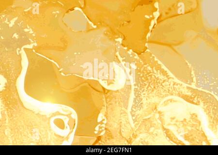 Marmo in pietra gialla e oro. Tecnica dell'inchiostro dell'alcool sfondo vettoriale astratto. Vernice di lusso moderna in colori naturali. Modello per banner, po Illustrazione Vettoriale