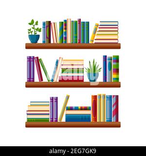 Scaffali con libri e piante. Libri colorati in stile cartoon. Illustrazione vettoriale isolata su sfondo bianco Illustrazione Vettoriale