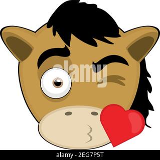 Vettore emoticon illustrazione cartoon di testa di un pony con un'espressione d'amore che dà un bacio a forma di cuore Illustrazione Vettoriale