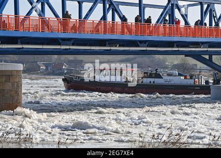 Schwedt, Germania. 18 Feb 2021. Un rompighiaccio tedesco naviga sul fiume di confine tedesco-polacco Oder. Il ghiaccio in deriva aumenta il rischio di allagamento in alcune sezioni dell'Oder. Attualmente, diversi rompighiaccio tedeschi e polacchi si dirigono verso l'alto per rompere la copertura di ghiaccio chiusa. Credit: Patrick Pleul/dpa-Zentralbild/ZB/dpa/Alamy Live News Foto Stock