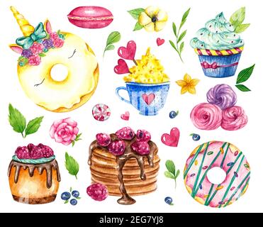 Dolce collezione. Pasticceria Vector acquerello alimentare. Illustrazioni di torte, torte, biscotti, gelati, biscotti, dolci Illustrazione Vettoriale