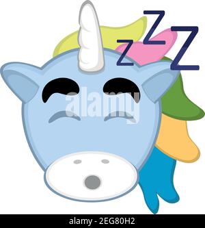 Vettore emoticon illustrazione cartoon di un unicorno testa con espressione stanca e i suoi occhi chiusi e russare con la bocca aperta, dormire Illustrazione Vettoriale