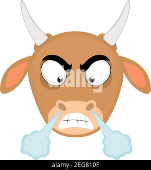 Vettore emoticon illustrazione cartoon della testa di una mucca con espressione arrabbiata che esce dal fumo del naso Illustrazione Vettoriale