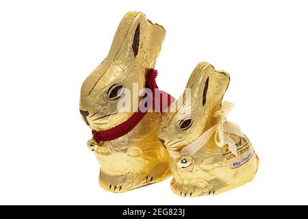 Londra, UK - 15 febbraio 2021: Due coniglietti pasquali Lindt Gold con le loro campane dorate su sfondo bianco. Uno è cioccolato al latte e l'altro è W. Foto Stock