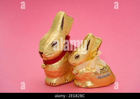 Londra, UK - 15 febbraio 2021: Due coniglietti pasquali Lindt Gold con le loro campane dorate su sfondo rosa. Uno è cioccolato al latte e l'altro è wh Foto Stock