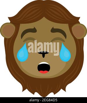 Vettore emoticon illustrazione cartoon di un leone testa con una triste espressione e piangendo con gli occhi chiusi e lacrime sul suo volto Illustrazione Vettoriale