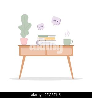 Interno di accogliente camera con tavolo e libri su di esso. Arredamento confortevole in moderno stile scandinavo. Illustrazione vettoriale in stile cartoon piano Illustrazione Vettoriale