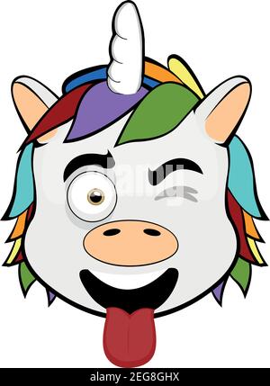 Vettore emoticon illustrazione cartoon di una testa di unicorno con espressione felice, vagliando e stendendo la lingua con la bocca aperta Illustrazione Vettoriale