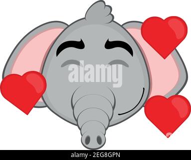Vettore emoticon illustrazione cartoon della testa di un elefante con un'espressione di gioia, in amore circondato da cuori Illustrazione Vettoriale