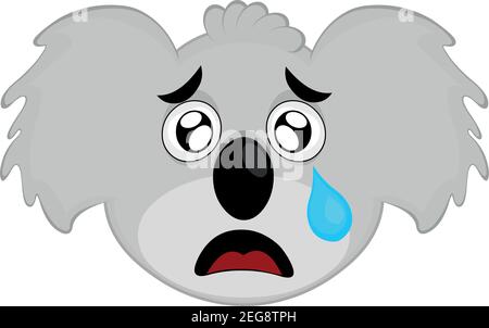 Vettore emoticon illustrazione cartoon della testa di un koala con una triste espressione e piangendo con una lacrima che cade dal suo occhio sopra la sua guancia Illustrazione Vettoriale