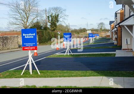 Caerwys, Flintshire; Regno Unito: 11 febbraio 2021: Nuove case indipendenti costruite con una linea di pannelli di vendita dell'agente immobiliare alla periferia del villaggio sono in fase di commercializzazione da Foto Stock