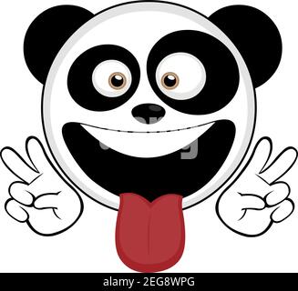 Vettore emoticon illustrazione cartoon della testa di un panda con un'espressione felice, attaccando la sua lingua e un gesto delle sue mani di amore e di pace Illustrazione Vettoriale