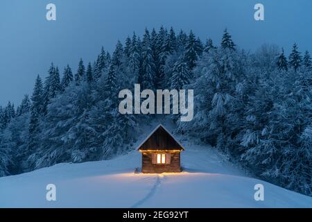 Fantastico paesaggio invernale con luminosa cabina in legno nella foresta innevata. Casa accogliente in montagna Carpazi. Concetto di festa di Natale Foto Stock