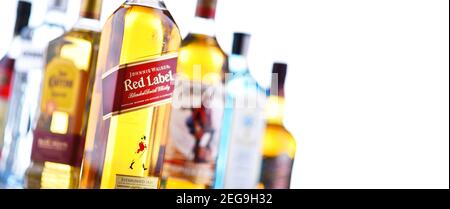 POZNAN, POL - OTT 30, 2020: Bottiglie di vari marchi globali di liquori duri, tra cui whisky, vodka, tequila e gin Foto Stock