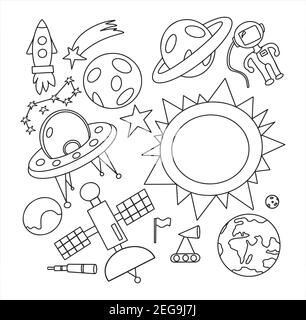 Disegno di mano spazio illustrazione con un razzo, astronauta, pianeti e alieni. Carino, i vettori dei bambini che disegnano circa le navicelle spaziali, le piattine volanti e le navette Illustrazione Vettoriale