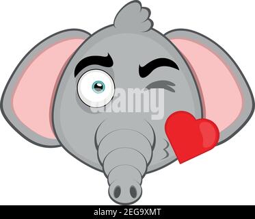 Vettore emoticon illustrazione cartoon della testa di un elefante con un'espressione d'amore che dà un bacio a forma di cuore Illustrazione Vettoriale