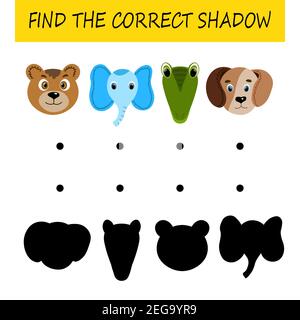 Trovare l'ombra corretta. Tessera educativa per bambini. Animali carini. Gioco di logica per i bambini. Educazione domestica. Illustrazione vettoriale cartoon colorata. Illustrazione Vettoriale