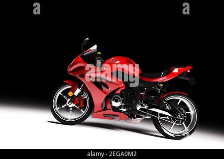 Vista laterale della motocicletta sportiva rossa in un riflettore su sfondo nero. Rendering 3D. Moto senza Brandless. Foto Stock
