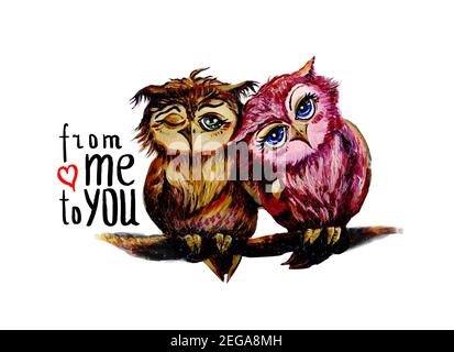 Gufi amori. Sul lato c'è un'iscrizione "da me a te" e un cuore. Foto Stock