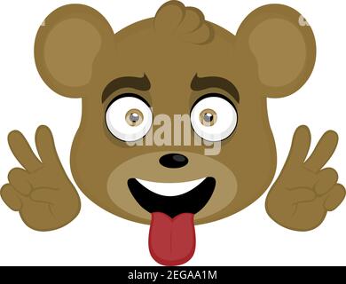 Vettore emoticon illustrazione cartone animato di testa di un orso con un'espressione felice, attaccando la sua lingua e un gesto delle sue mani di amore e di pace Illustrazione Vettoriale