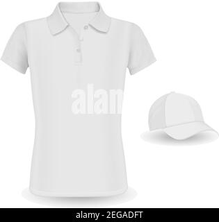 Polo Mockup. Camicia bianca vettoriale e modello di cappellino da baseball isolato sullo sfondo. Camicia con colletto e Visor Hat Illustrazione di abbigliamento casual. Illustrazione Vettoriale