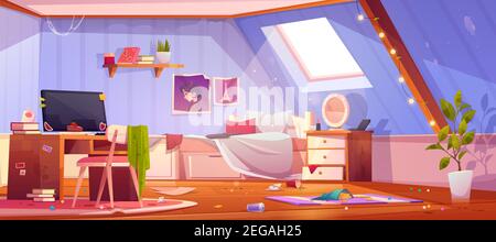 Cameretta sudicia su mansarda. Vignetta vettoriale interno mansarda con mobili e vestiti sporchi, letto non fatto e spazzatura. Camera adolescente con caos, letto non fatto, caos e disordine Illustrazione Vettoriale