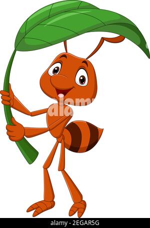 Carino cartoon ant contenente foglia verde Illustrazione Vettoriale