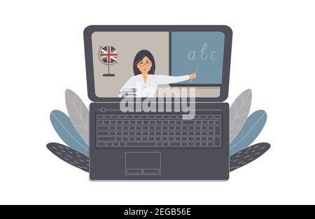 Il concetto di apprendimento a distanza, e-learning o formazione online durante il virus Epidemic.laptop con pagina Internet aperta con simpatico insegnante di inglese Foto Stock