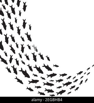 Sagome scuola di pesce con vita marina di varie dimensioni pesci nuoto piatto stile disegno vettoriale illustrazione. Colonia di grandi e piccoli animali marini. Illustrazione Vettoriale