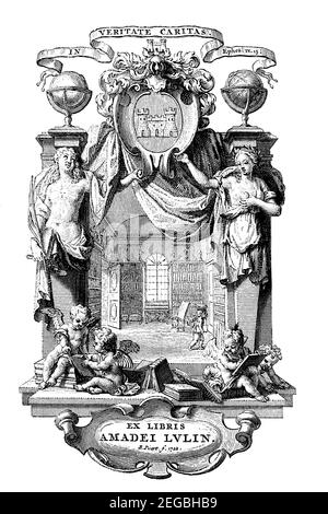 1722 Libreria francese per Savoyard Amadei Lvlin (Amadeus Lullin) raffigurante l'interno della biblioteca Foto Stock