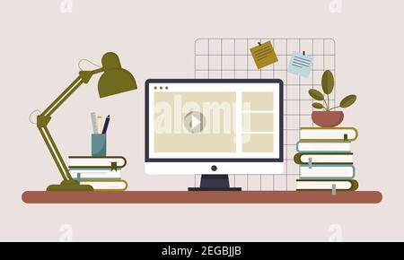 Concetto di formazione online, schermo con video. Illustrazione Vettoriale