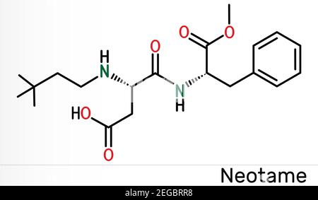 Neotame, agente dolcificante, E961molecola. È dipeptide, dolcificante artificiale, analogo dell'aspartame. Formula chimica scheletrica. Illustrazione Foto Stock