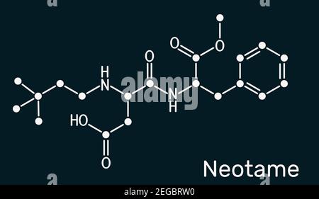 Neotame, agente dolcificante, E961molecola. È dipeptide, dolcificante artificiale, analogo dell'aspartame. Formula chimica scheletrica sullo sfondo blu scuro Foto Stock